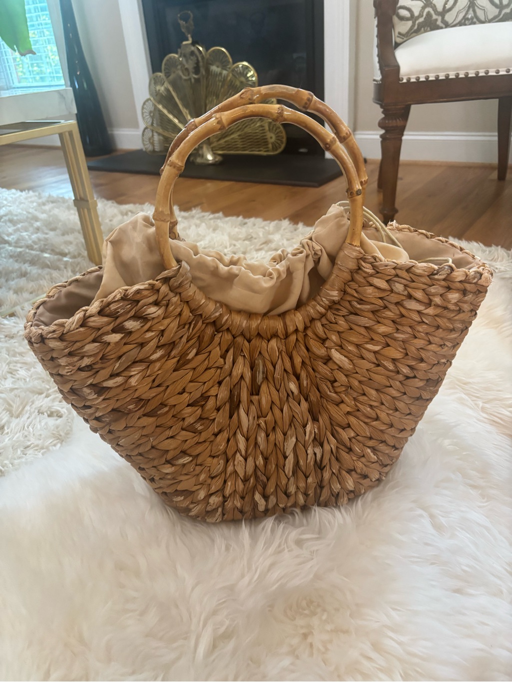 Woven Straw Palm Tote Bag With Bamboo Handles - Tan